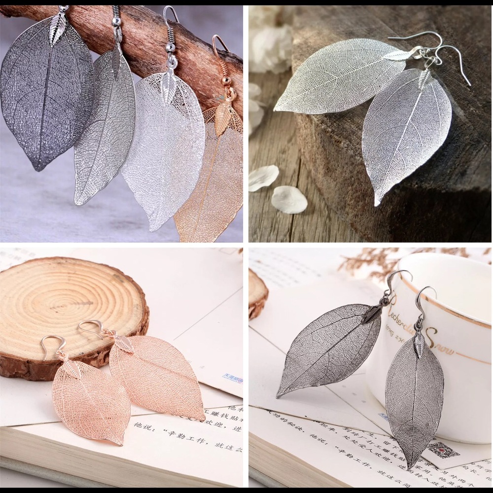 Women Fashion Real Leaf Dangle Earrings